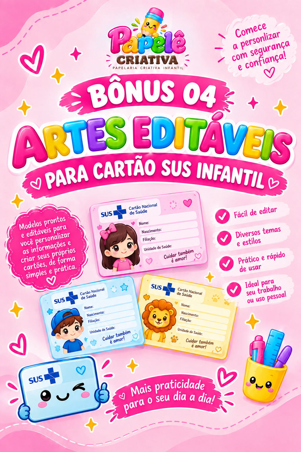 Capa das artes editáveis para cartão SUS infantil