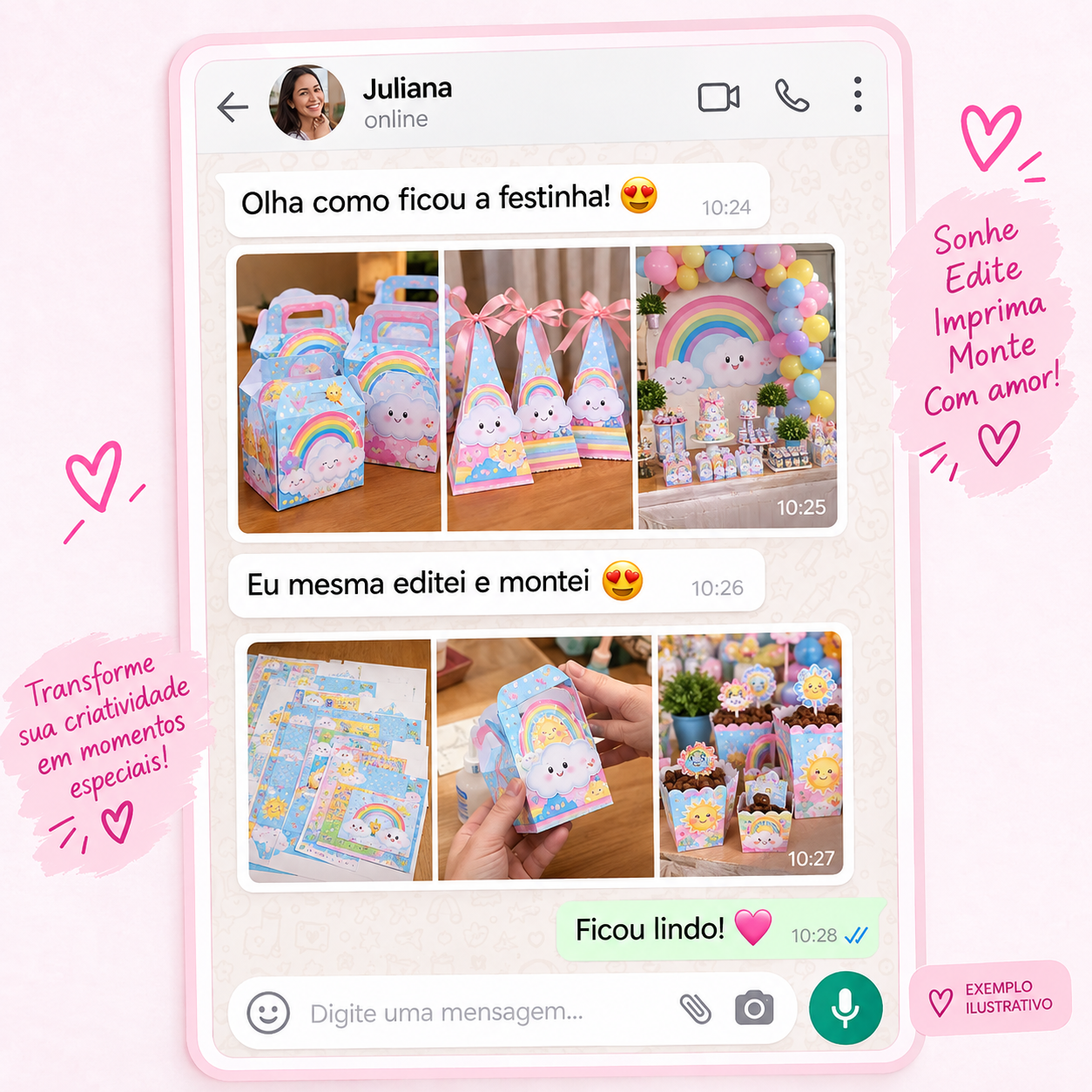 Print de conversa no WhatsApp da cliente Juliana mostrando as festinhas que montou com os moldes