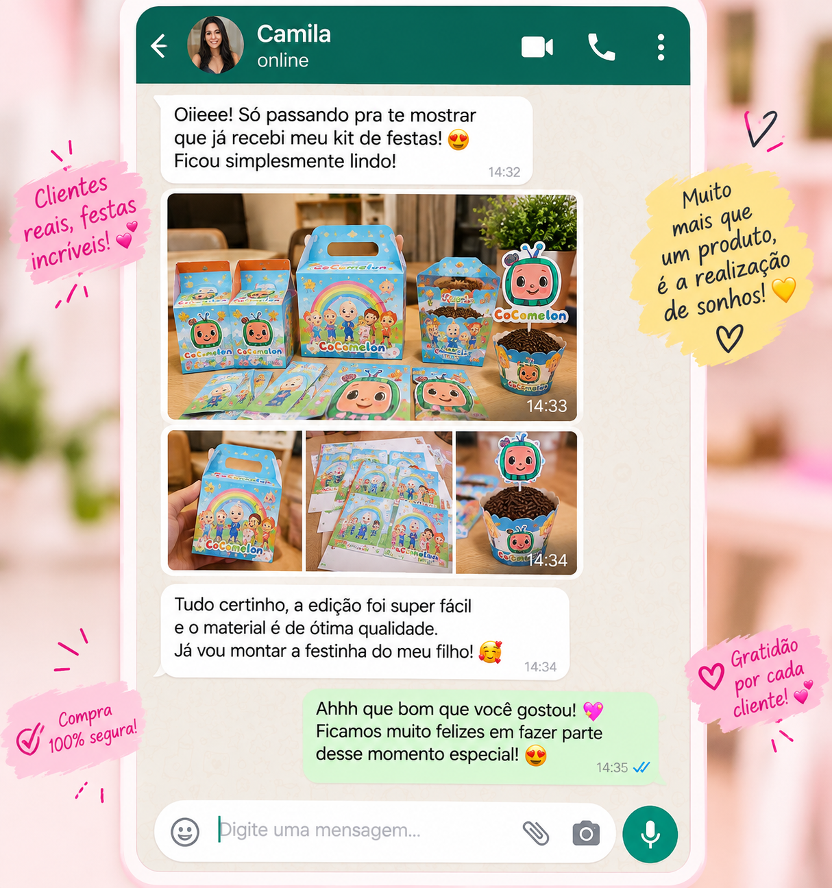 Print de conversa no WhatsApp da cliente Camila mostrando o kit de festa que recebeu